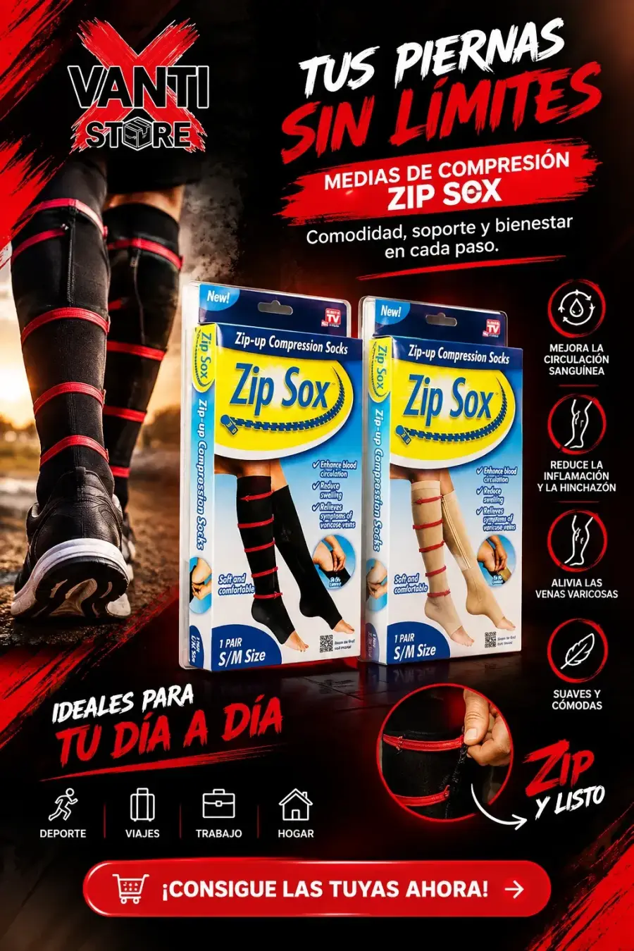 ZipSox™ Relief — Medias de Compresión Médico-Graduada con Cierre Ultra-Fácil